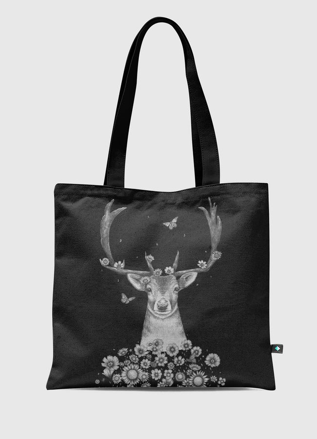 Deer in flowers on black - Tote Bag