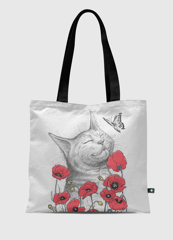 Cat in poppies Tote Bag