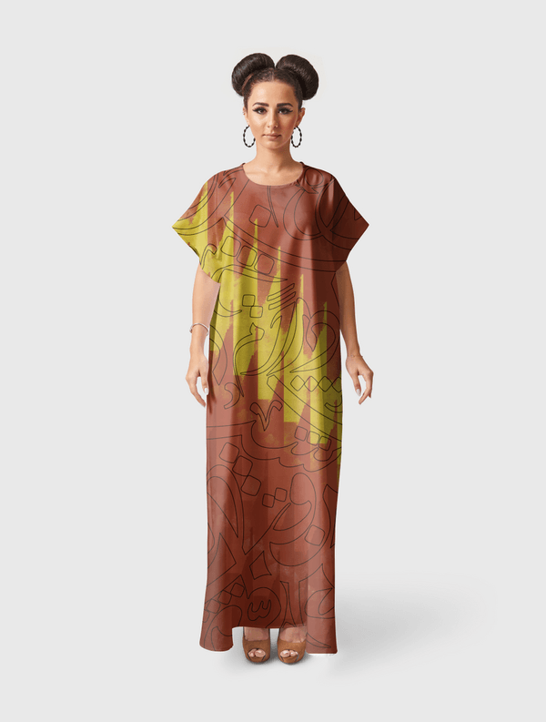 Brown/yellow calligraphy Short Sleeve Dress