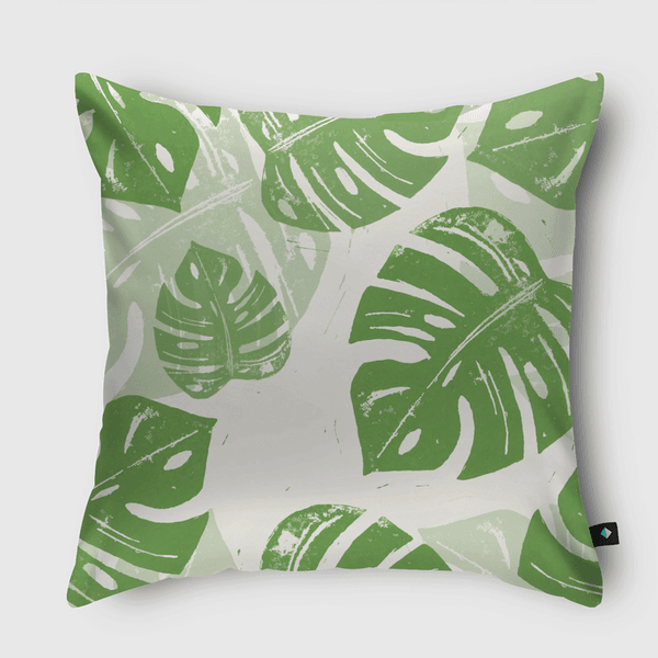 Linocut Monstera Green Throw Pillow