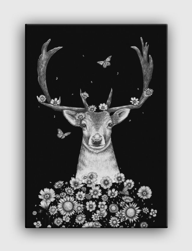 Deer in flowers on black - Canvas